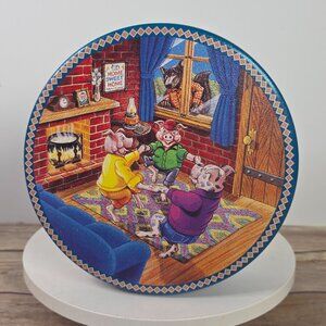 Three Little Pigs Round Tin Container With Folk Art Design & Decorative Border